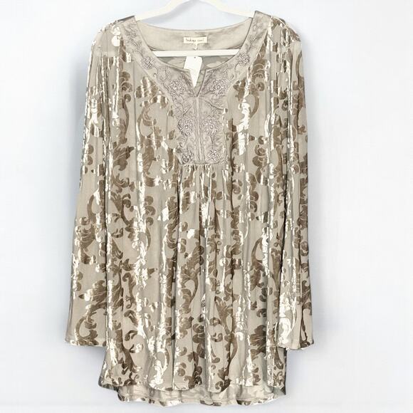 Indigo Soul Burnout Velvet Tunic Top Plus 3XL NWT Champagne Gray Boho Party Glam - Picture 2 of 9